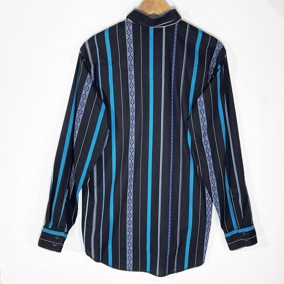 WRANGLER Men’s Vintage Cowboy Cut Long Sleeve Blue and Black Shirt L - Picture 3 of 3
